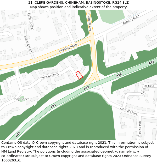 21, CLERE GARDENS, CHINEHAM, BASINGSTOKE, RG24 8LZ: Location map and indicative extent of plot