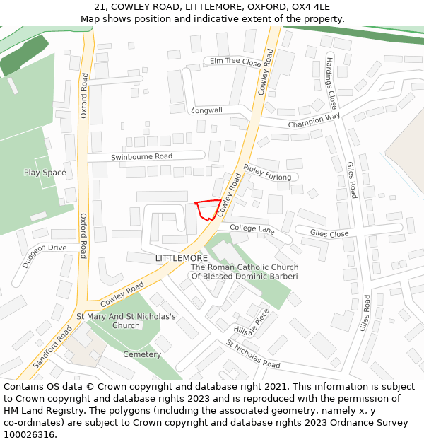 21, COWLEY ROAD, LITTLEMORE, OXFORD, OX4 4LE: Location map and indicative extent of plot