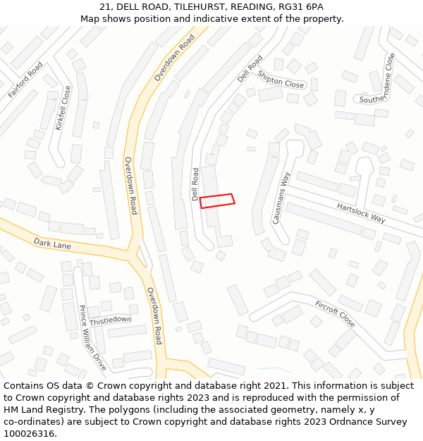 21, DELL ROAD, TILEHURST, READING, RG31 6PA: Location map and indicative extent of plot