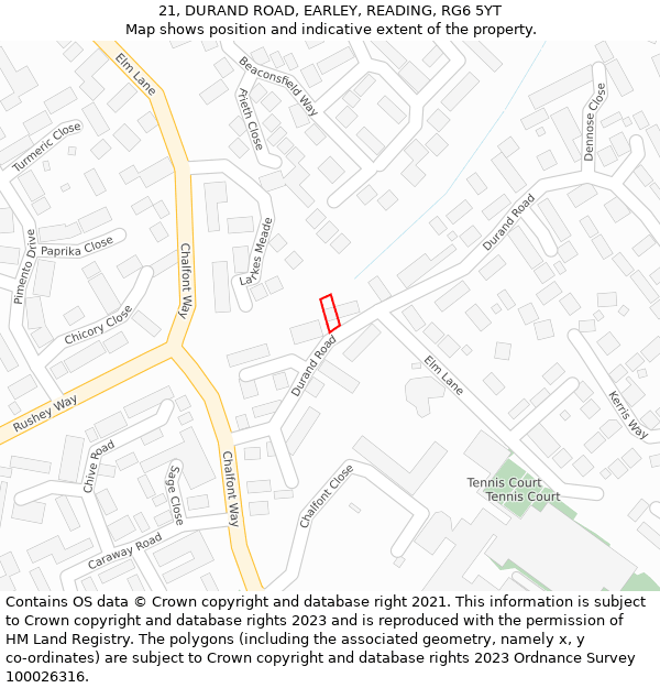 21, DURAND ROAD, EARLEY, READING, RG6 5YT: Location map and indicative extent of plot