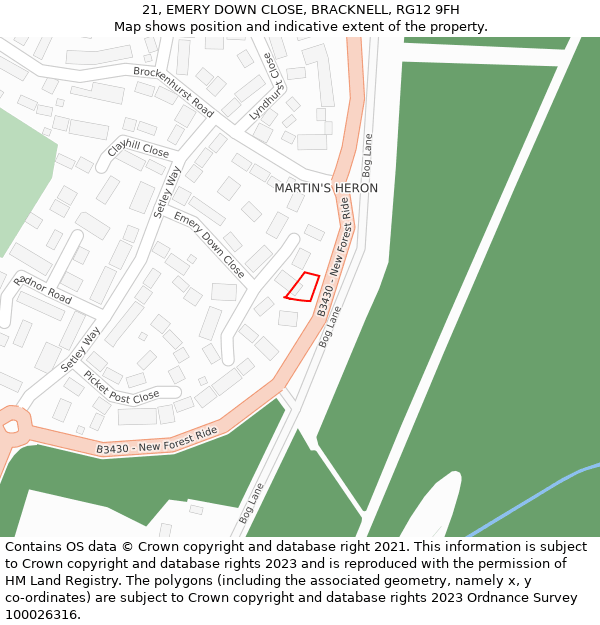 21, EMERY DOWN CLOSE, BRACKNELL, RG12 9FH: Location map and indicative extent of plot