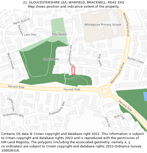 21, GLOUCESTERSHIRE LEA, WARFIELD, BRACKNELL, RG42 3XQ: Location map and indicative extent of plot