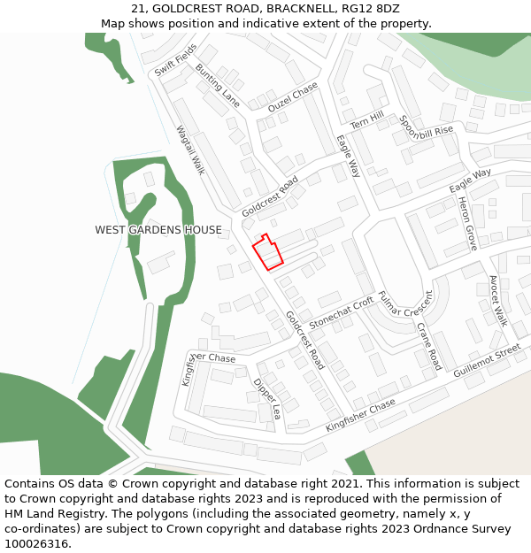 21, GOLDCREST ROAD, BRACKNELL, RG12 8DZ: Location map and indicative extent of plot