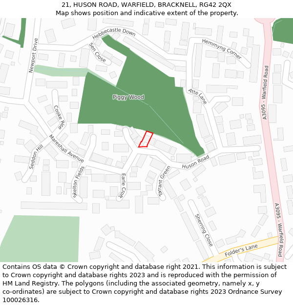 21, HUSON ROAD, WARFIELD, BRACKNELL, RG42 2QX: Location map and indicative extent of plot