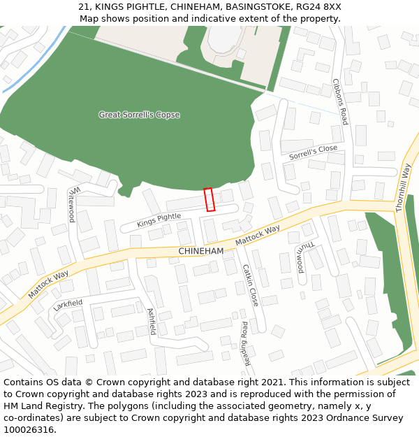 21, KINGS PIGHTLE, CHINEHAM, BASINGSTOKE, RG24 8XX: Location map and indicative extent of plot