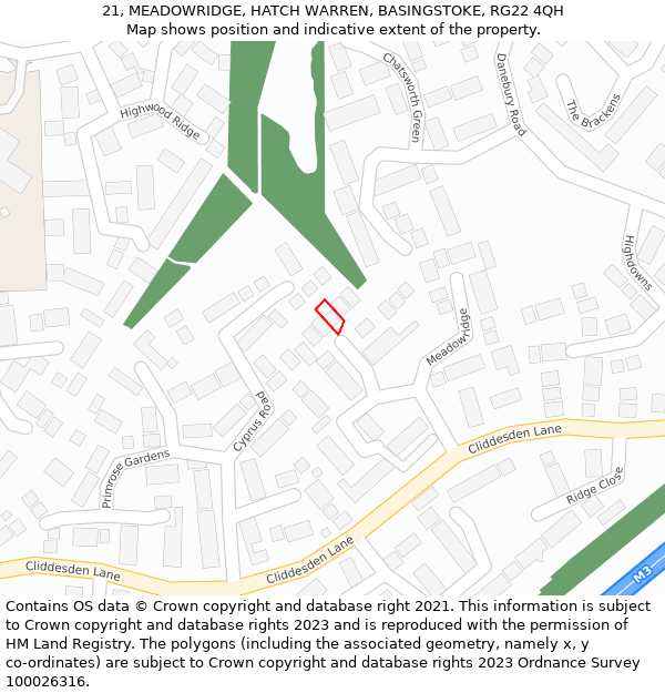 21, MEADOWRIDGE, HATCH WARREN, BASINGSTOKE, RG22 4QH: Location map and indicative extent of plot