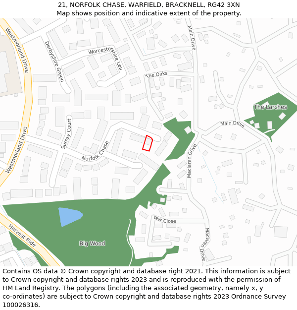21, NORFOLK CHASE, WARFIELD, BRACKNELL, RG42 3XN: Location map and indicative extent of plot