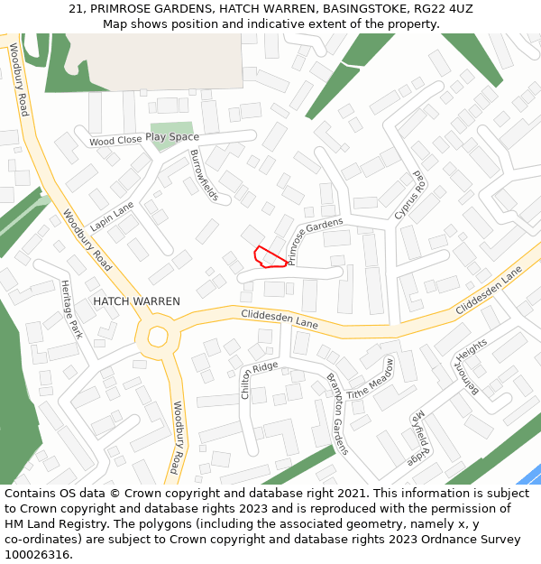 21, PRIMROSE GARDENS, HATCH WARREN, BASINGSTOKE, RG22 4UZ: Location map and indicative extent of plot