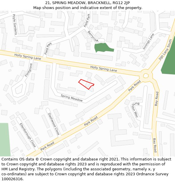 21, SPRING MEADOW, BRACKNELL, RG12 2JP: Location map and indicative extent of plot