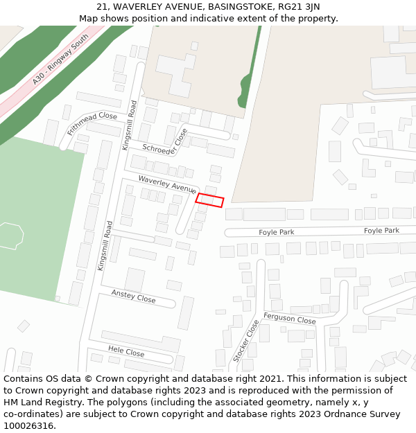 21, WAVERLEY AVENUE, BASINGSTOKE, RG21 3JN: Location map and indicative extent of plot