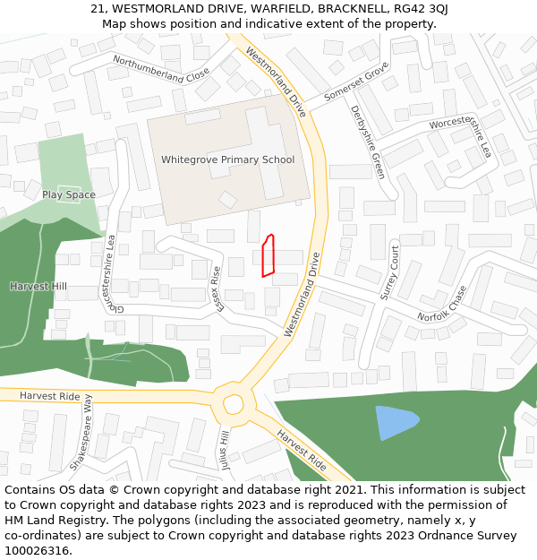 21, WESTMORLAND DRIVE, WARFIELD, BRACKNELL, RG42 3QJ: Location map and indicative extent of plot