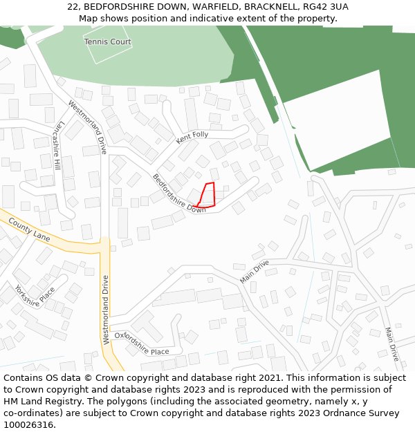 22, BEDFORDSHIRE DOWN, WARFIELD, BRACKNELL, RG42 3UA: Location map and indicative extent of plot