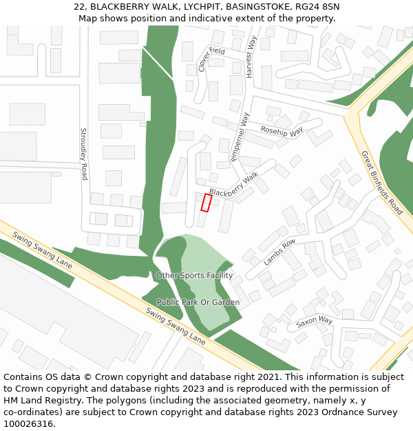 22, BLACKBERRY WALK, LYCHPIT, BASINGSTOKE, RG24 8SN: Location map and indicative extent of plot