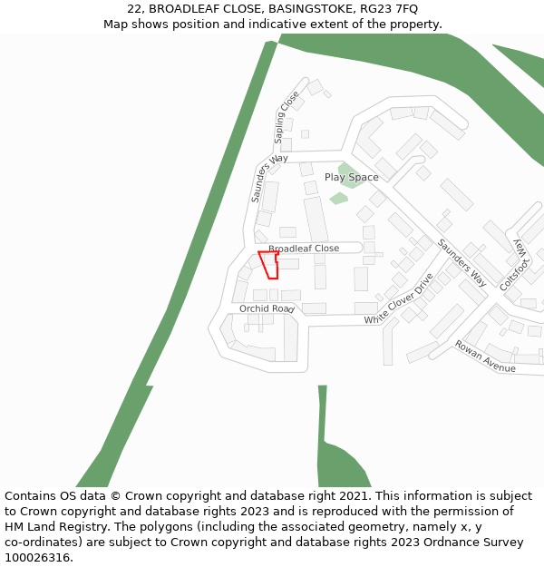 22, BROADLEAF CLOSE, BASINGSTOKE, RG23 7FQ: Location map and indicative extent of plot