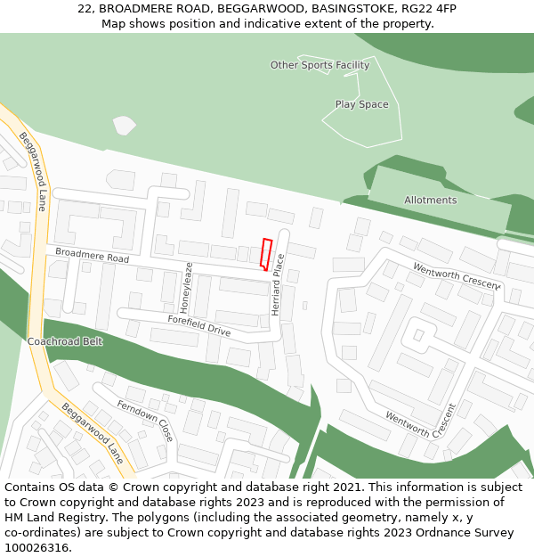 22, BROADMERE ROAD, BEGGARWOOD, BASINGSTOKE, RG22 4FP: Location map and indicative extent of plot