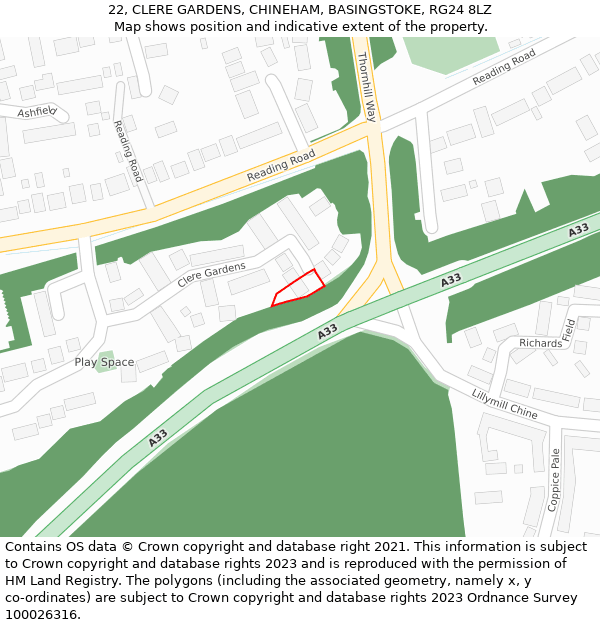 22, CLERE GARDENS, CHINEHAM, BASINGSTOKE, RG24 8LZ: Location map and indicative extent of plot