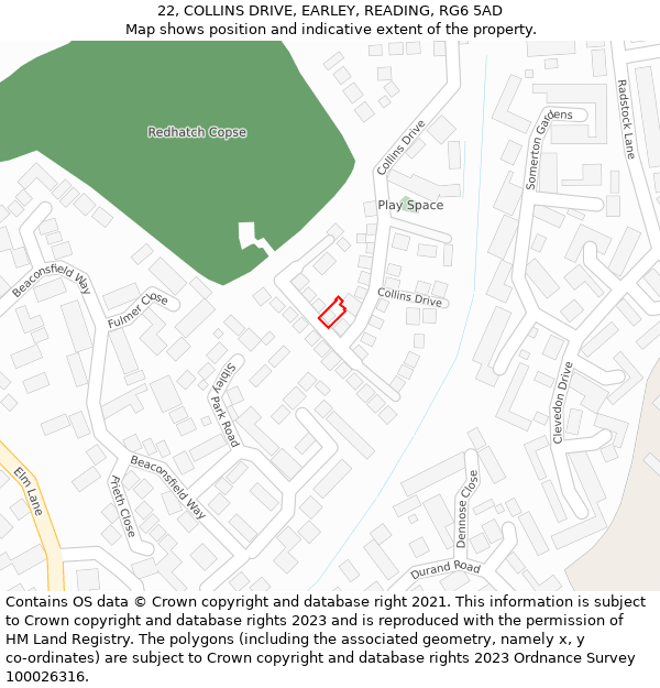 22, COLLINS DRIVE, EARLEY, READING, RG6 5AD: Location map and indicative extent of plot