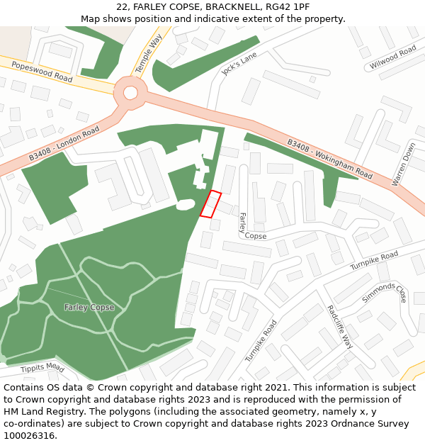 22, FARLEY COPSE, BRACKNELL, RG42 1PF: Location map and indicative extent of plot