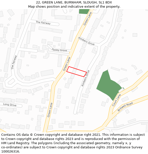 22, GREEN LANE, BURNHAM, SLOUGH, SL1 8DX: Location map and indicative extent of plot