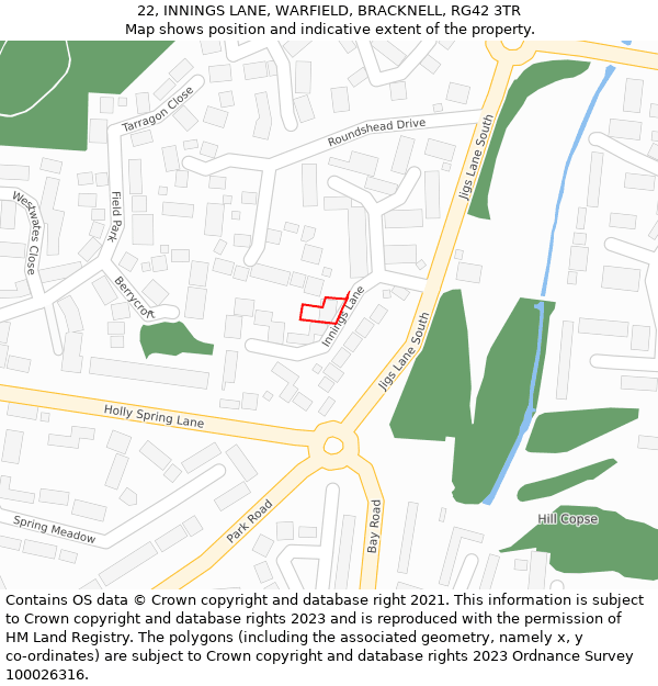 22, INNINGS LANE, WARFIELD, BRACKNELL, RG42 3TR: Location map and indicative extent of plot