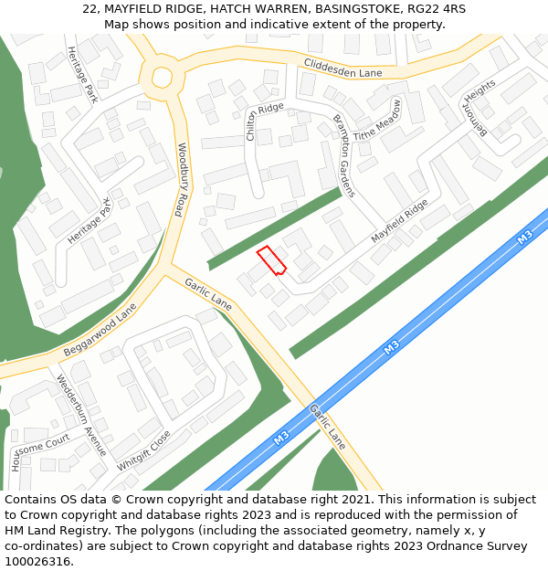 22, MAYFIELD RIDGE, HATCH WARREN, BASINGSTOKE, RG22 4RS: Location map and indicative extent of plot