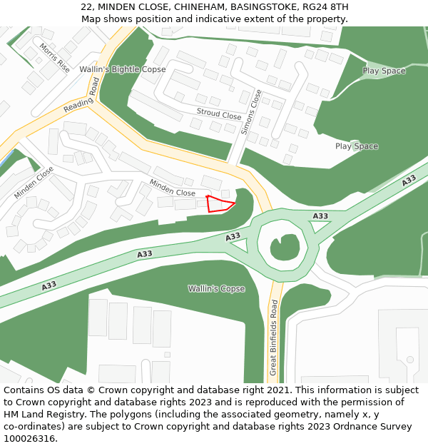 22, MINDEN CLOSE, CHINEHAM, BASINGSTOKE, RG24 8TH: Location map and indicative extent of plot