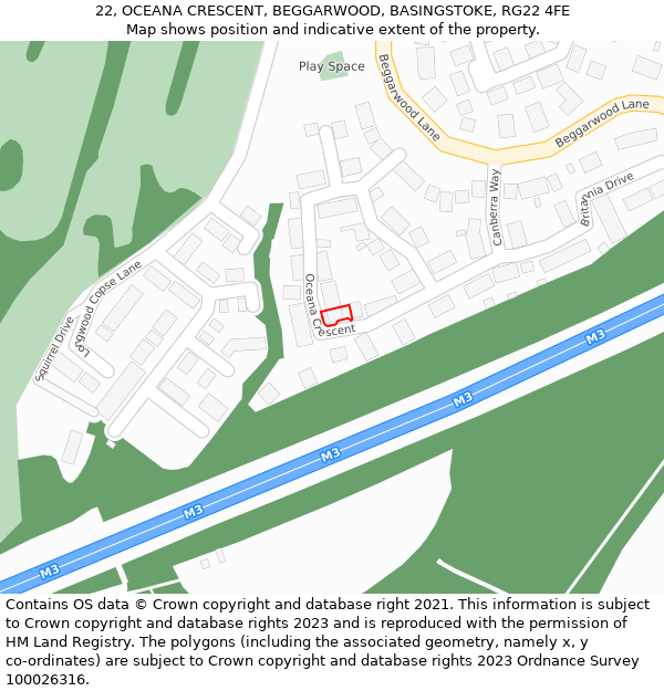 22, OCEANA CRESCENT, BEGGARWOOD, BASINGSTOKE, RG22 4FE: Location map and indicative extent of plot