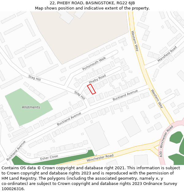 22, PHEBY ROAD, BASINGSTOKE, RG22 6JB: Location map and indicative extent of plot