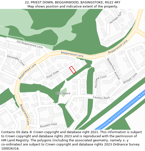 22, PRIEST DOWN, BEGGARWOOD, BASINGSTOKE, RG22 4RY: Location map and indicative extent of plot