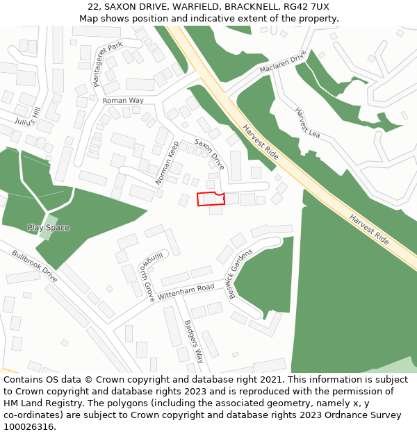 22, SAXON DRIVE, WARFIELD, BRACKNELL, RG42 7UX: Location map and indicative extent of plot