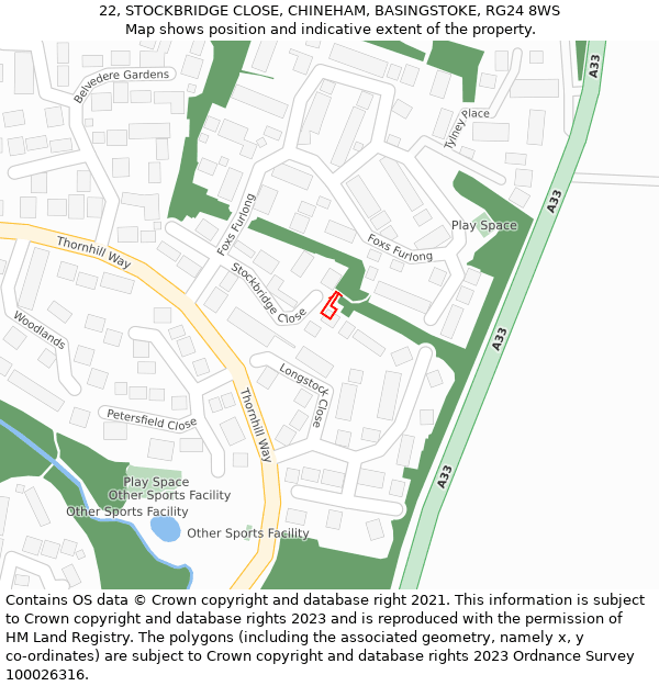 22, STOCKBRIDGE CLOSE, CHINEHAM, BASINGSTOKE, RG24 8WS: Location map and indicative extent of plot