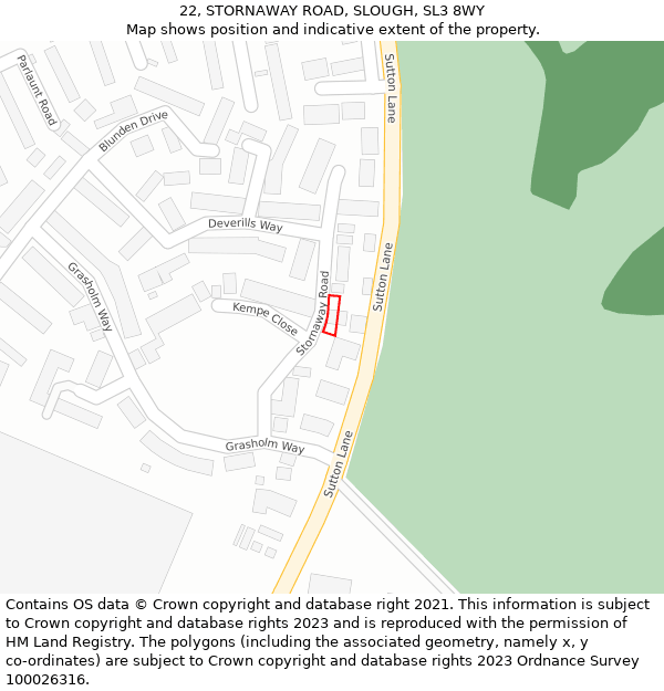 22, STORNAWAY ROAD, SLOUGH, SL3 8WY: Location map and indicative extent of plot