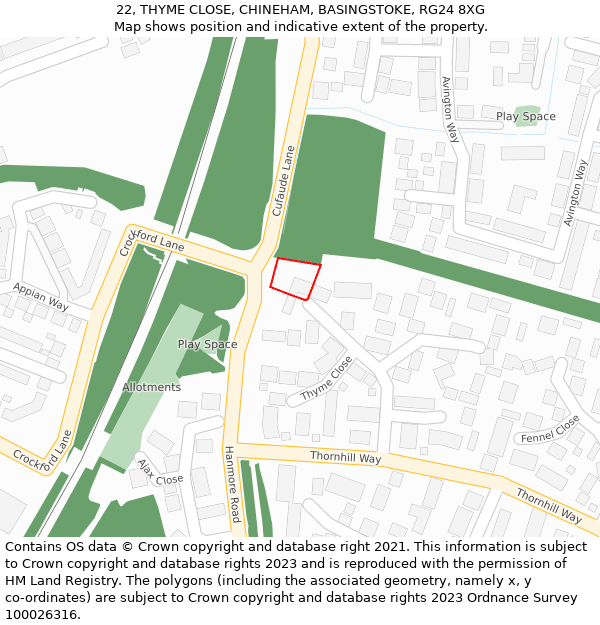 22, THYME CLOSE, CHINEHAM, BASINGSTOKE, RG24 8XG: Location map and indicative extent of plot