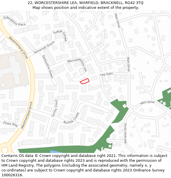 22, WORCESTERSHIRE LEA, WARFIELD, BRACKNELL, RG42 3TQ: Location map and indicative extent of plot