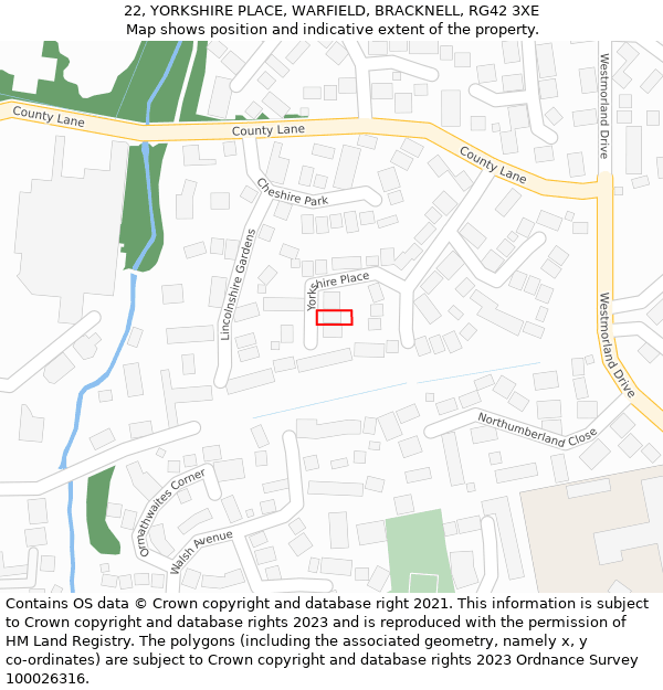 22, YORKSHIRE PLACE, WARFIELD, BRACKNELL, RG42 3XE: Location map and indicative extent of plot