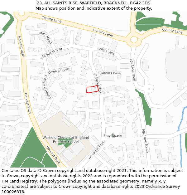 23, ALL SAINTS RISE, WARFIELD, BRACKNELL, RG42 3DS: Location map and indicative extent of plot