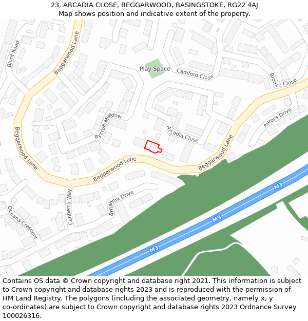 23, ARCADIA CLOSE, BEGGARWOOD, BASINGSTOKE, RG22 4AJ: Location map and indicative extent of plot