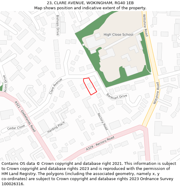 23, CLARE AVENUE, WOKINGHAM, RG40 1EB: Location map and indicative extent of plot