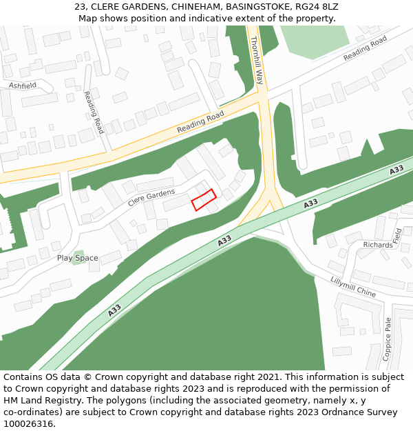 23, CLERE GARDENS, CHINEHAM, BASINGSTOKE, RG24 8LZ: Location map and indicative extent of plot