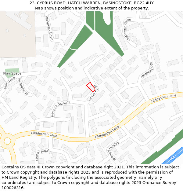 23, CYPRUS ROAD, HATCH WARREN, BASINGSTOKE, RG22 4UY: Location map and indicative extent of plot