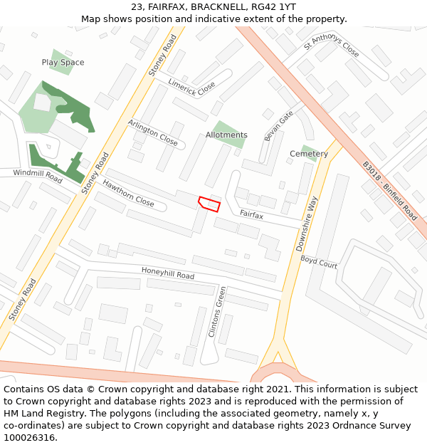 23, FAIRFAX, BRACKNELL, RG42 1YT: Location map and indicative extent of plot