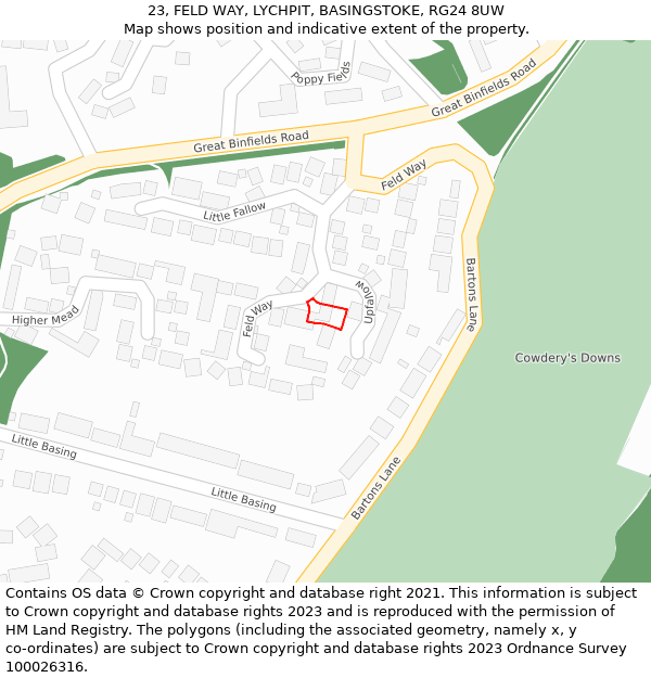 23, FELD WAY, LYCHPIT, BASINGSTOKE, RG24 8UW: Location map and indicative extent of plot