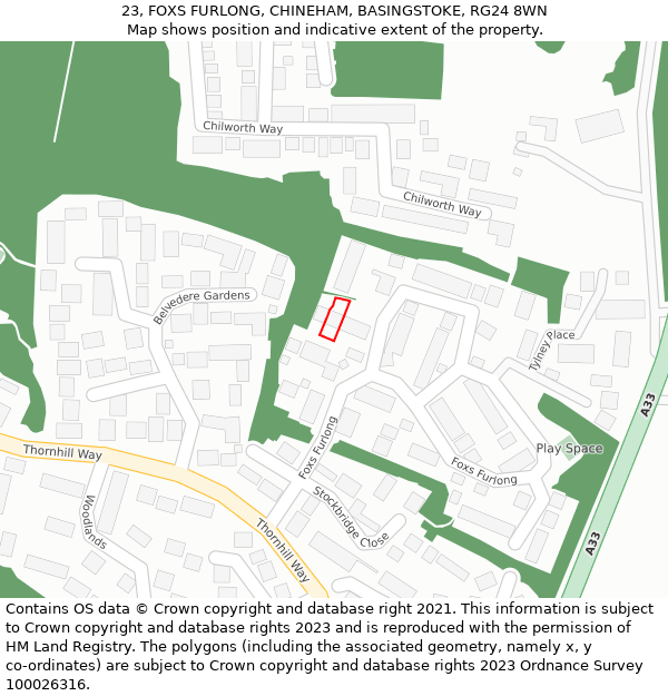 23, FOXS FURLONG, CHINEHAM, BASINGSTOKE, RG24 8WN: Location map and indicative extent of plot