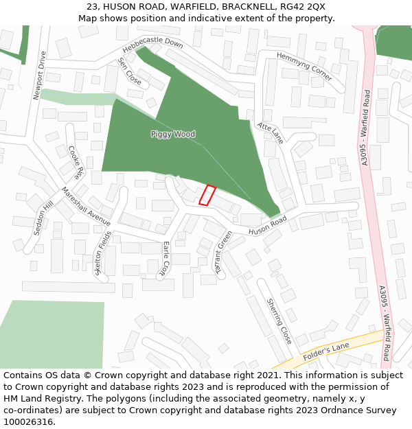 23, HUSON ROAD, WARFIELD, BRACKNELL, RG42 2QX: Location map and indicative extent of plot