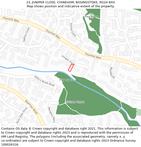 23, JUNIPER CLOSE, CHINEHAM, BASINGSTOKE, RG24 8XH: Location map and indicative extent of plot