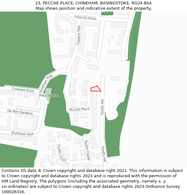 23, PECCHE PLACE, CHINEHAM, BASINGSTOKE, RG24 8AA: Location map and indicative extent of plot