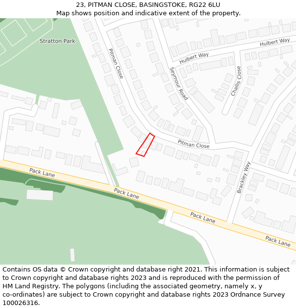 23, PITMAN CLOSE, BASINGSTOKE, RG22 6LU: Location map and indicative extent of plot