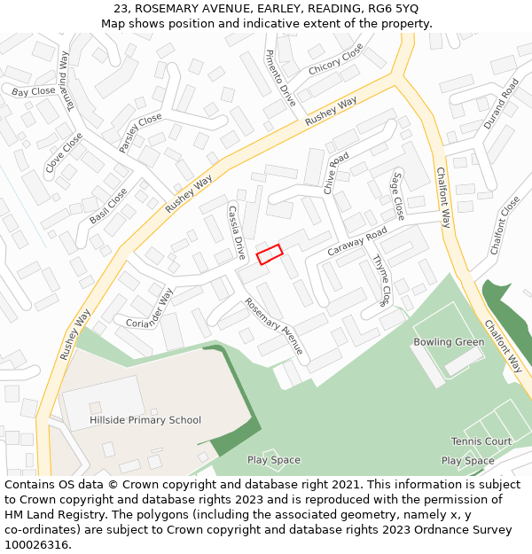 23, ROSEMARY AVENUE, EARLEY, READING, RG6 5YQ: Location map and indicative extent of plot