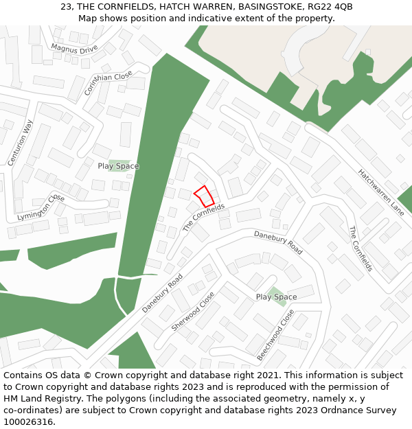 23, THE CORNFIELDS, HATCH WARREN, BASINGSTOKE, RG22 4QB: Location map and indicative extent of plot