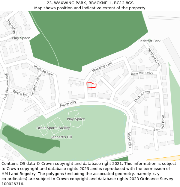 23, WAXWING PARK, BRACKNELL, RG12 8GS: Location map and indicative extent of plot
